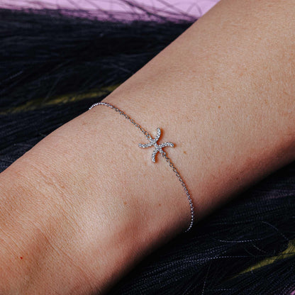 Rhodium Plated 925 Sterling Silver Pisces CZ Adjustable Link Bracelet - BGB00367