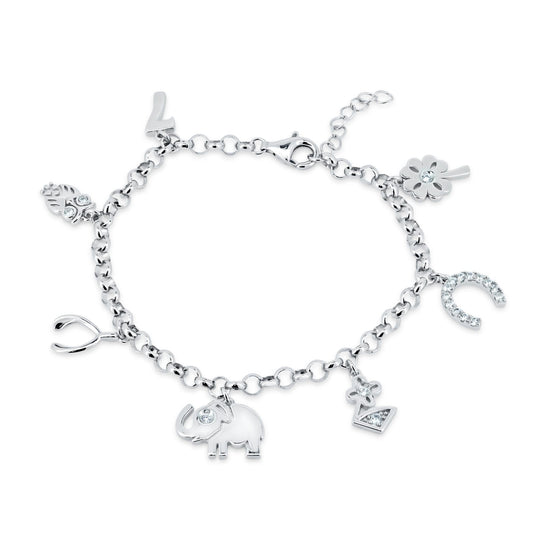 Rhodium Plated 925 Sterling Silver Dangling CZ Animals Charm Good Luck Bracelet - BGB00382