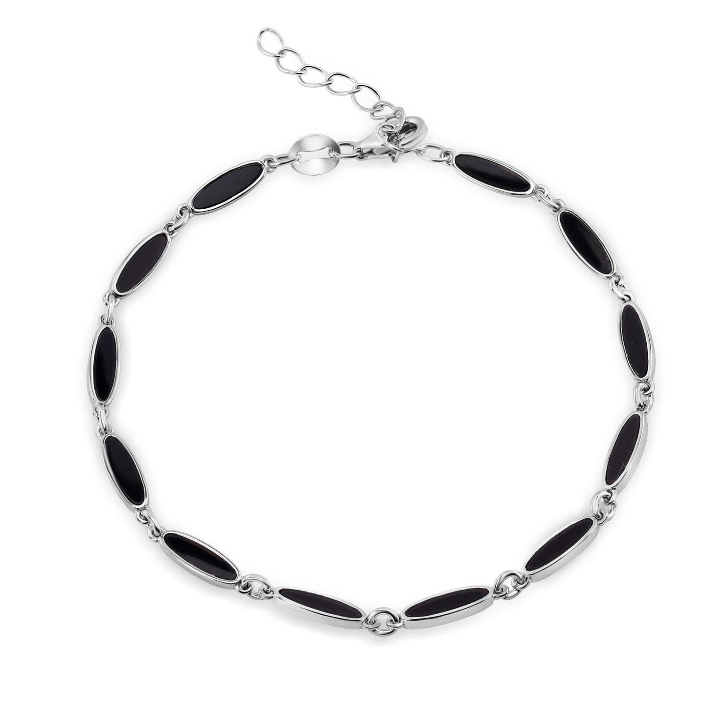 Rhodium Plated 925 Sterling Silver Onyx Cat's Eye Link Bracelet - BGB00389