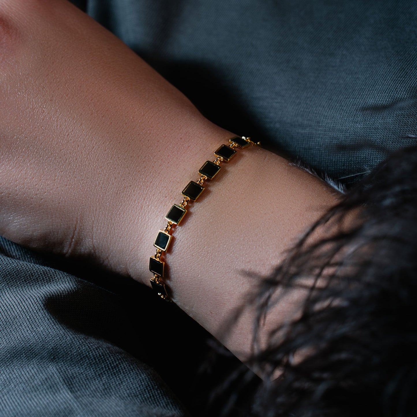 Gold Plated 925 Sterling Silver Square Link Onyx Stone Bracelet - BGB00390