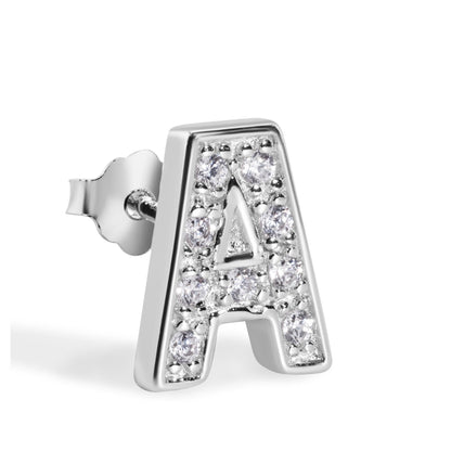 Rhodium Plated 925 Sterling Silver *SINGLE Letter Alphabet Clear CZ 8.8mm Stud Earring - BGE00387