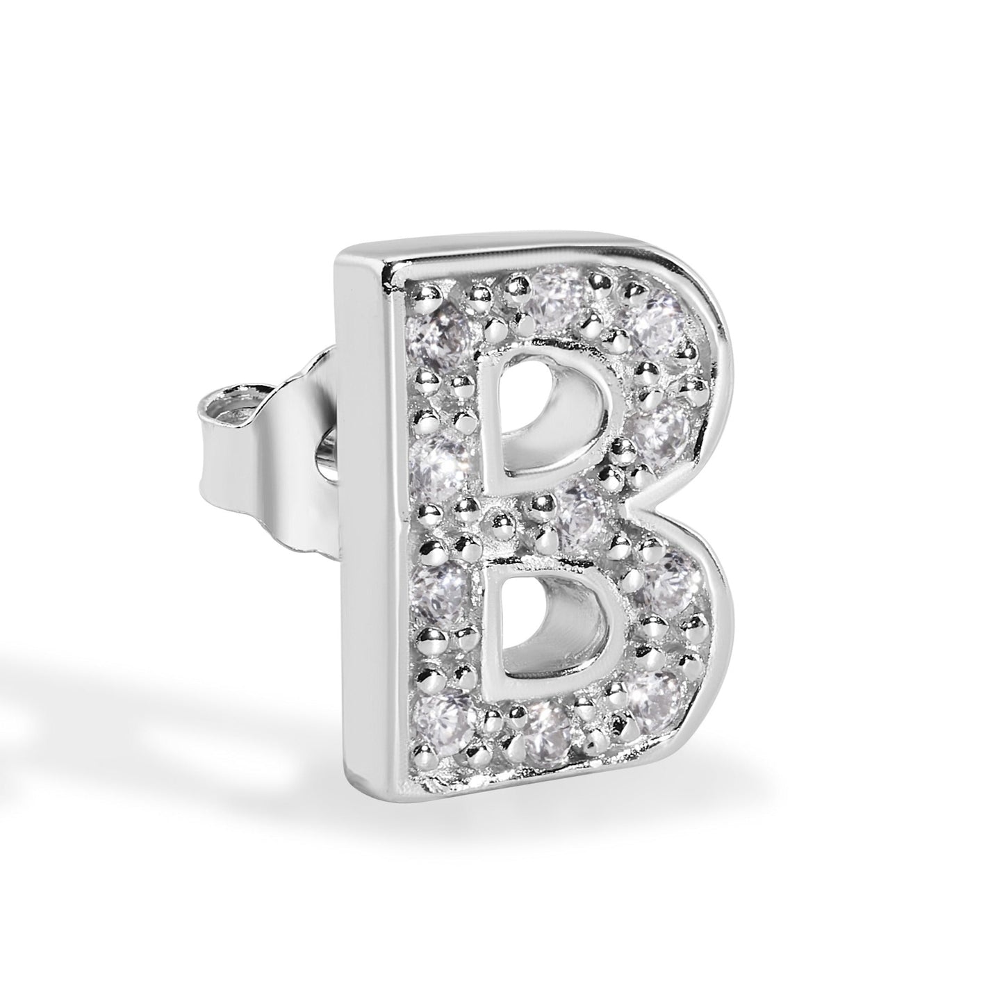 Rhodium Plated 925 Sterling Silver *SINGLE Letter Alphabet Clear CZ 8.8mm Stud Earring - BGE00387