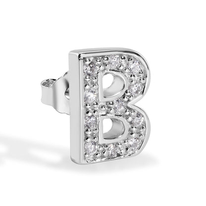 Rhodium Plated 925 Sterling Silver Letter Alphabet Clear CZ 8.8mm Stud Single Earring - BGE00387