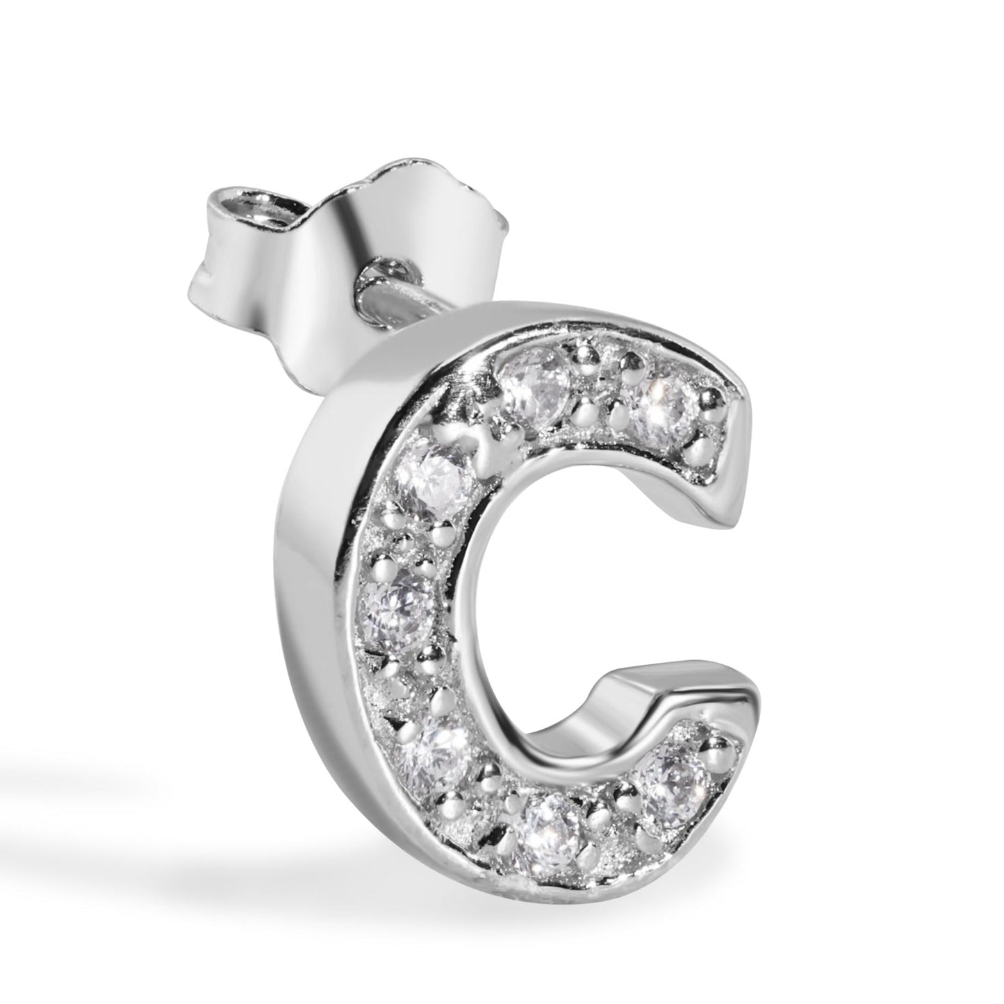 Rhodium Plated 925 Sterling Silver Letter Alphabet Clear CZ 8.8mm Stud Single Earring - BGE00387