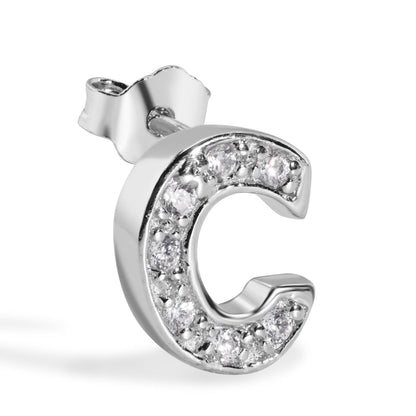 Rhodium Plated 925 Sterling Silver *SINGLE Letter Alphabet Clear CZ 8.8mm Stud Earring - BGE00387