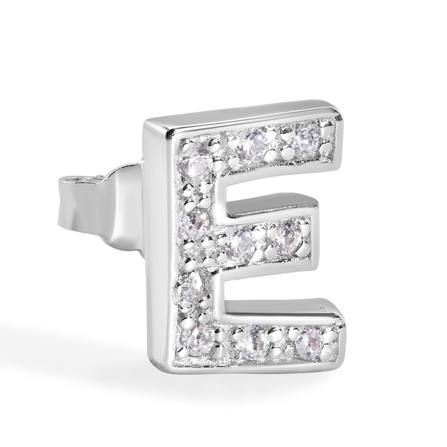 Rhodium Plated 925 Sterling Silver *SINGLE Letter Alphabet Clear CZ 8.8mm Stud Earring - BGE00387