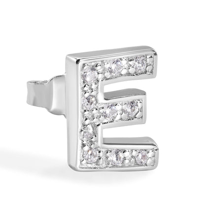 Rhodium Plated 925 Sterling Silver *SINGLE Letter Alphabet Clear CZ 8.8mm Stud Earring - BGE00387