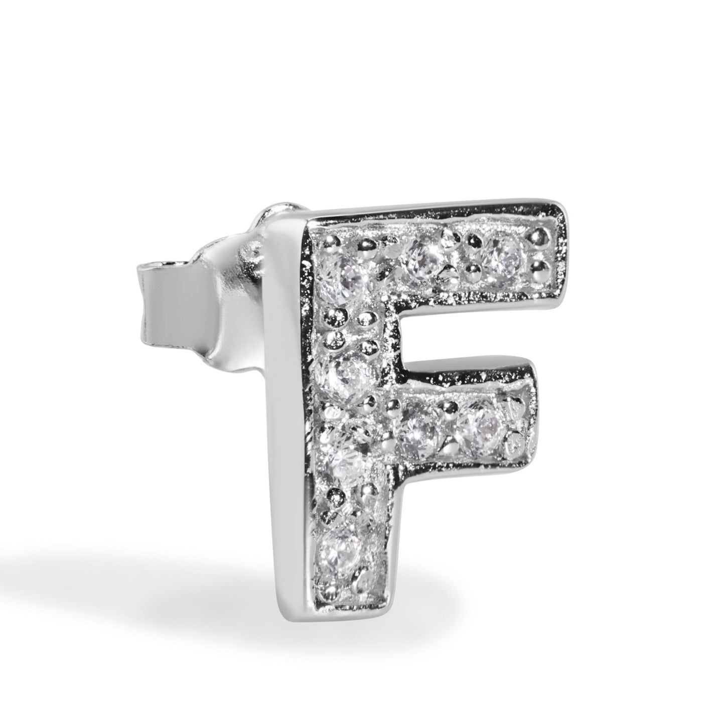 Rhodium Plated 925 Sterling Silver *SINGLE Letter Alphabet Clear CZ 8.8mm Stud Earring - BGE00387