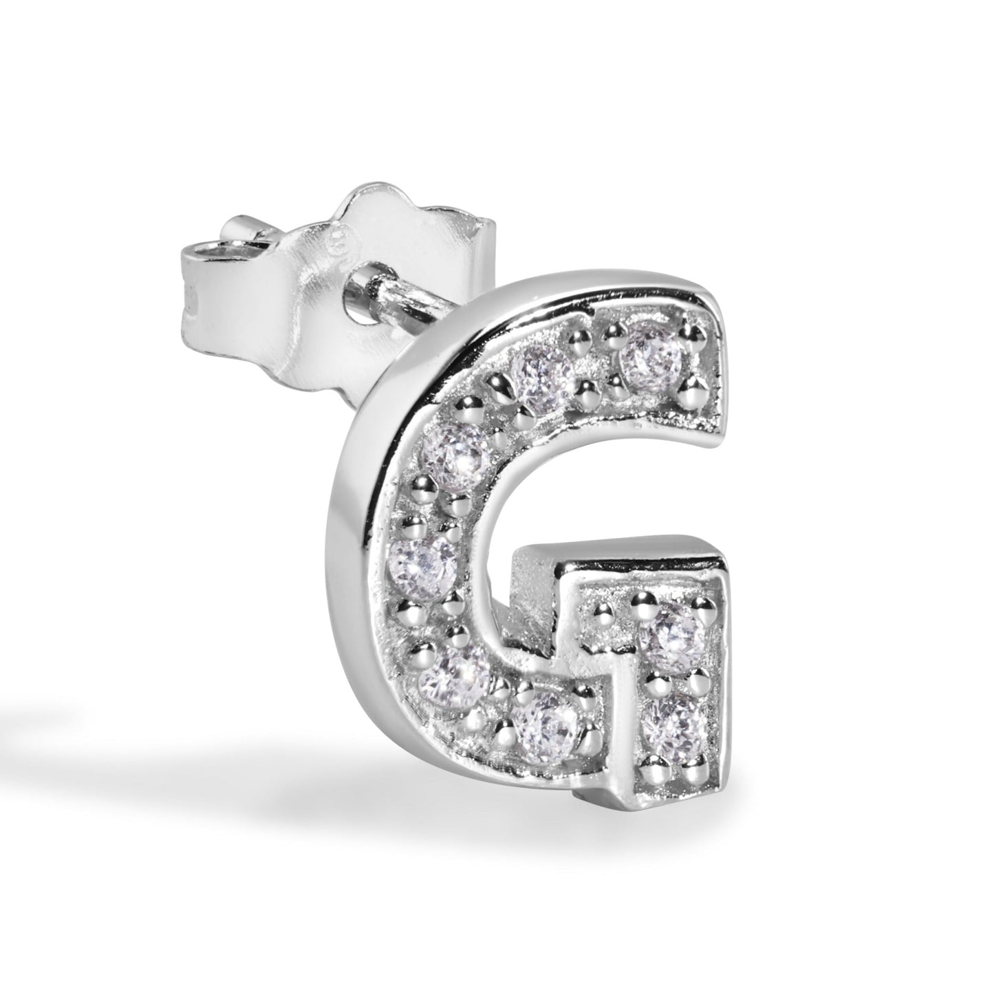 Rhodium Plated 925 Sterling Silver *SINGLE Letter Alphabet Clear CZ 8.8mm Stud Earring - BGE00387