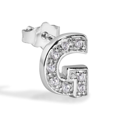 Rhodium Plated 925 Sterling Silver *SINGLE Letter Alphabet Clear CZ 8.8mm Stud Earring - BGE00387