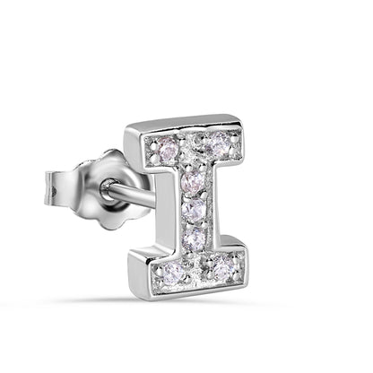 Rhodium Plated 925 Sterling Silver Letter Alphabet Clear CZ 8.8mm Stud Single Earring - BGE00387