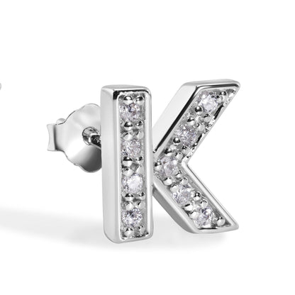 Rhodium Plated 925 Sterling Silver Letter Alphabet Clear CZ 8.8mm Stud Single Earring - BGE00387