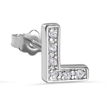 Rhodium Plated 925 Sterling Silver Letter Alphabet Clear CZ 8.8mm Stud Single Earring - BGE00387