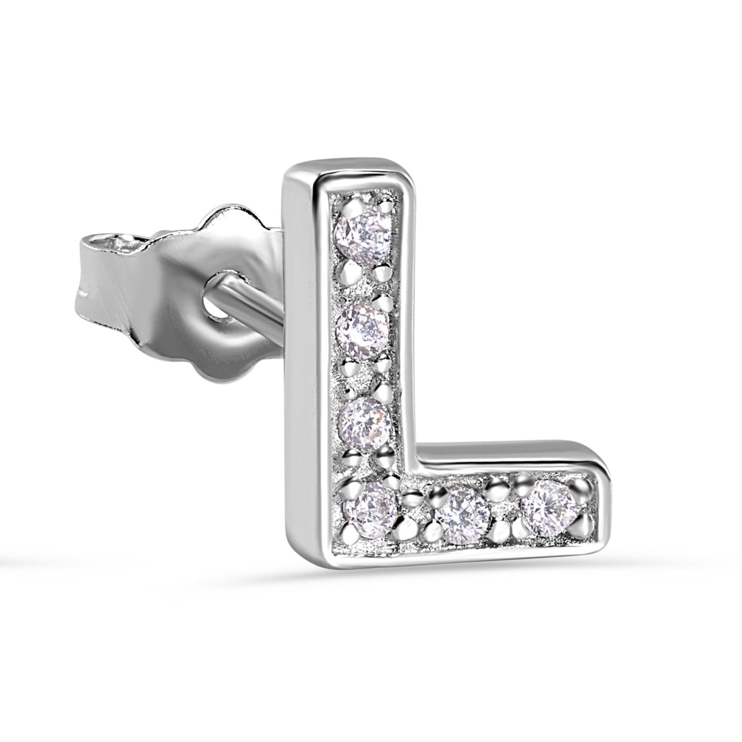 Rhodium Plated 925 Sterling Silver *SINGLE Letter Alphabet Clear CZ 8.8mm Stud Earring - BGE00387