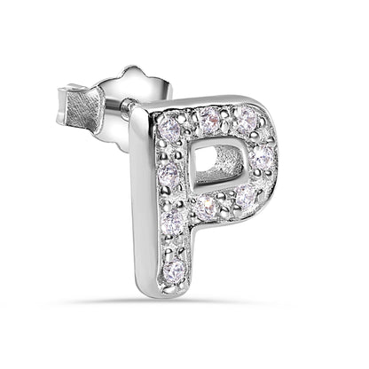 Rhodium Plated 925 Sterling Silver Letter Alphabet Clear CZ 8.8mm Stud Single Earring - BGE00387