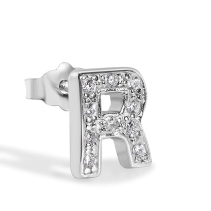 Rhodium Plated 925 Sterling Silver Letter Alphabet Clear CZ 8.8mm Stud Single Earring - BGE00387