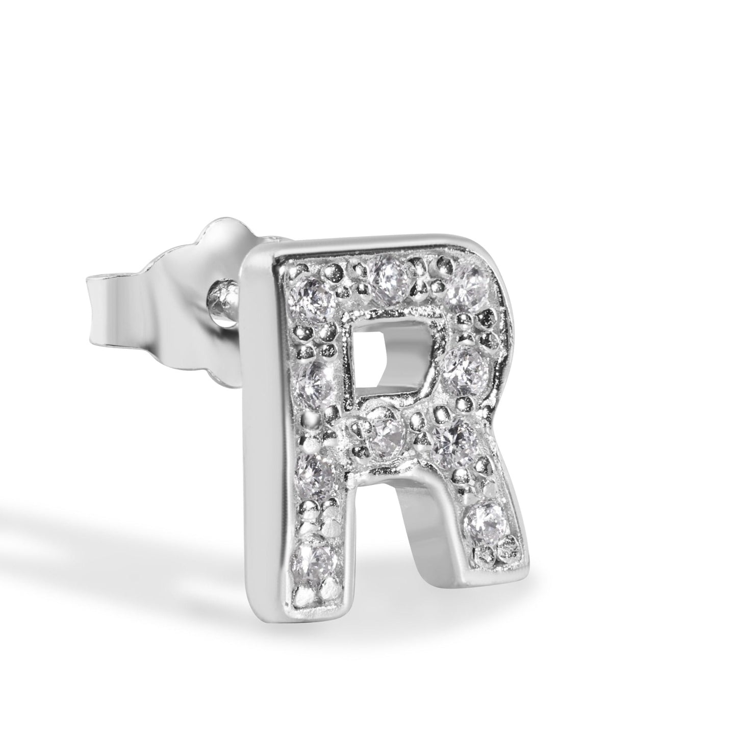 Rhodium Plated 925 Sterling Silver *SINGLE Letter Alphabet Clear CZ 8.8mm Stud Earring - BGE00387