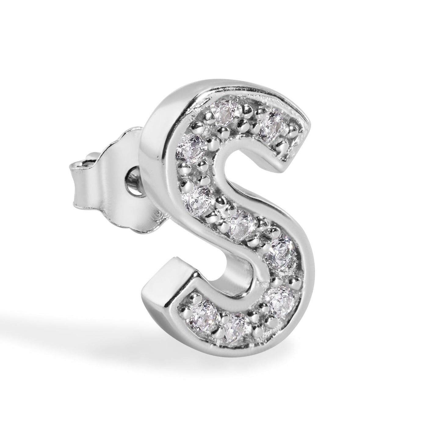 Rhodium Plated 925 Sterling Silver *SINGLE Letter Alphabet Clear CZ 8.8mm Stud Earring - BGE00387