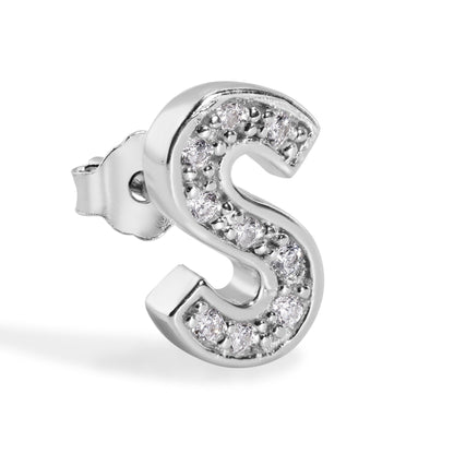 Rhodium Plated 925 Sterling Silver *SINGLE Letter Alphabet Clear CZ 8.8mm Stud Earring - BGE00387