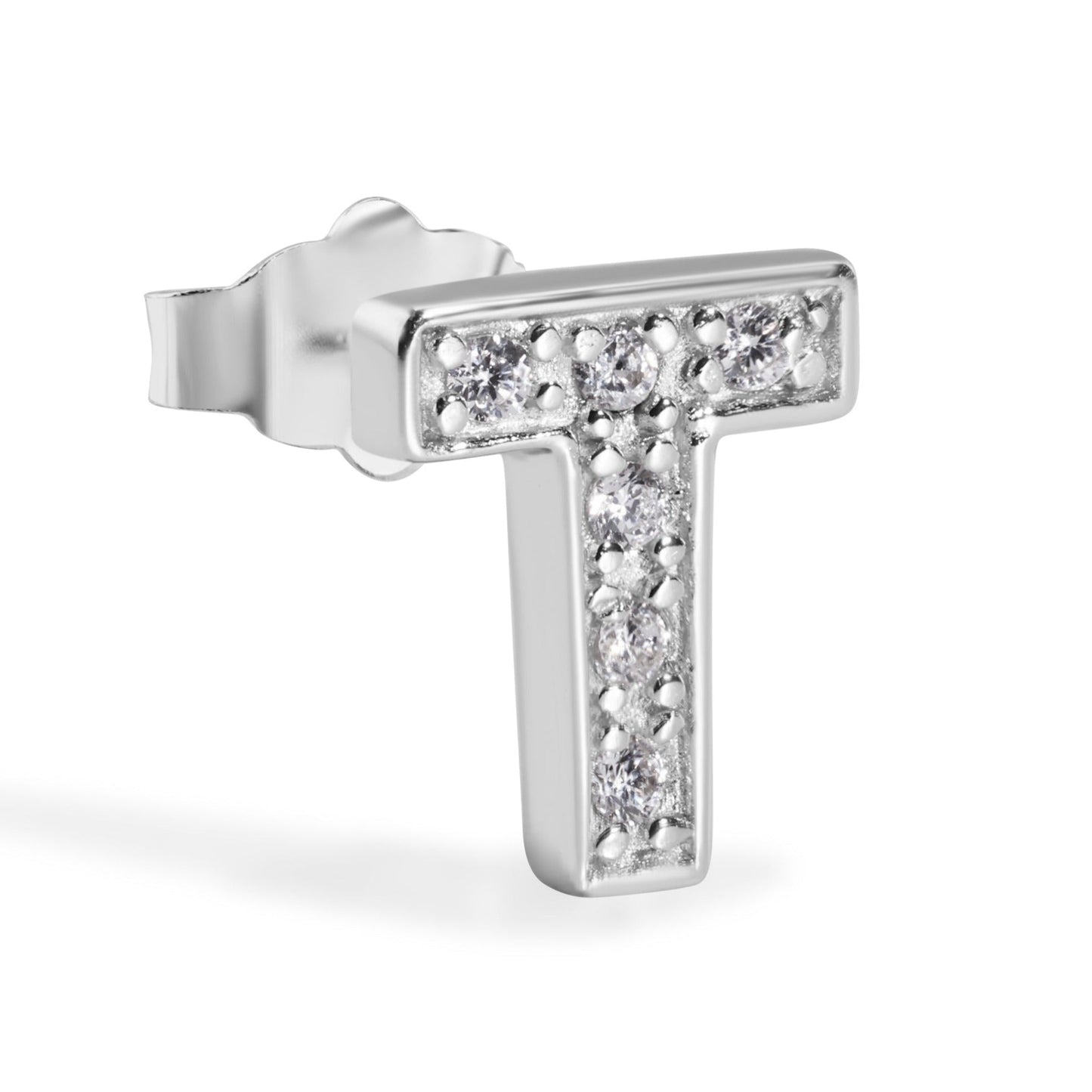 Rhodium Plated 925 Sterling Silver *SINGLE Letter Alphabet Clear CZ 8.8mm Stud Earring - BGE00387