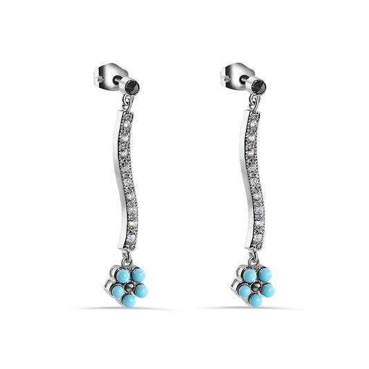 Rhodium Plated 925 Sterling Silver Turquoise Flower Dangling Clear CZ Stud Earrings - BGE00414