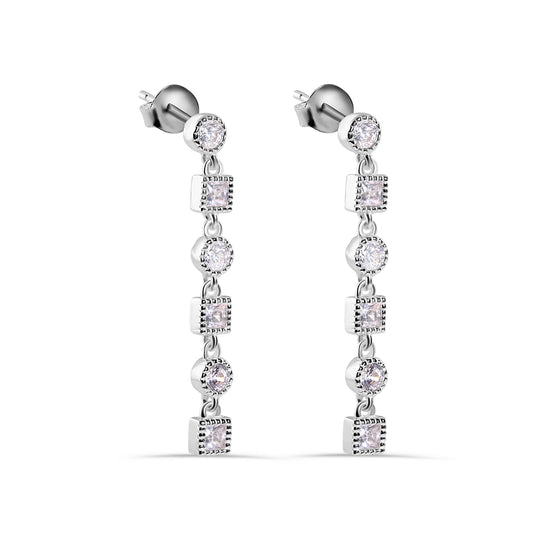 Rhodium Plated 925 Sterling Silver Round and Square Dangling Clear CZ Stud Earrings - BGE00416SP