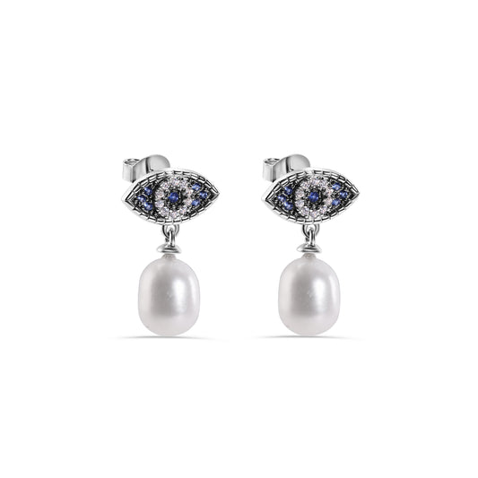 Rhodium Plated 925 Sterling Silver Evil Eye Dangling Syntethic Pearl Clear and Blue CZ Stud Earrings - BGE00734