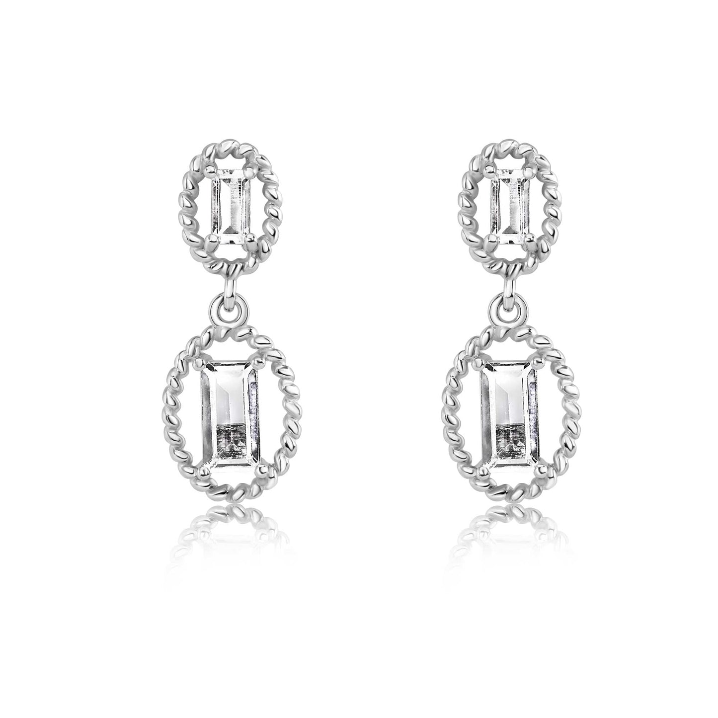 Rhodium Plated 925 Sterling Silver Dangling Baguette CZ Stud Earrings - BGE00748