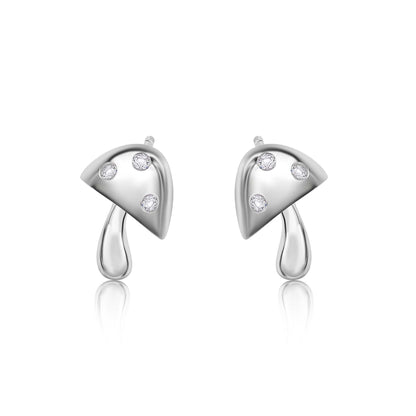 Rhodium Plated 925 Sterling Silver Mushroom Clear CZ Stud Earrings - BGE00749