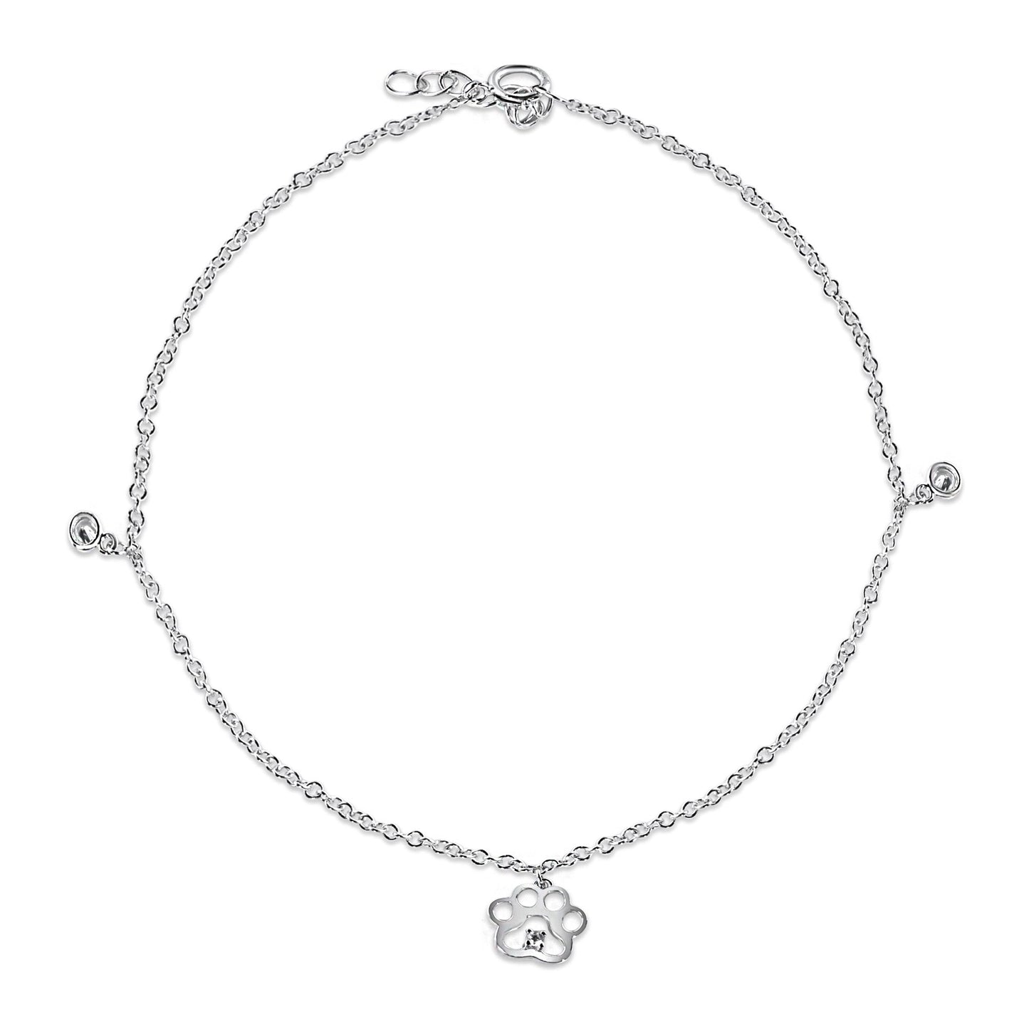 Rhodium Plated 925 Sterling Silver CZ Open Dog Paw Anklet - BGF00040