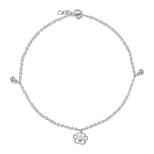 Rhodium Plated 925 Sterling Silver CZ Open Dog Paw Anklet - BGF00040