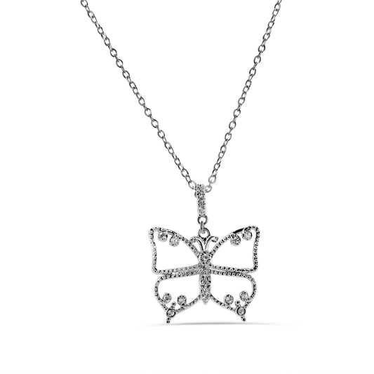 Silver 925 Rhodium Plated Butterfly Outline Clear CZ Necklace - BGP00245