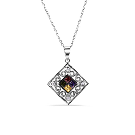 Silver 925 Rhodium Plated Diamond Shape Faceted Multicolor CZ Necklace - BGP00467