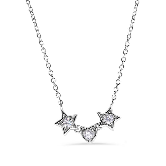 Silver 925 Rhodium Plated 2 Stars and Heart CZ Necklace - BGP00531