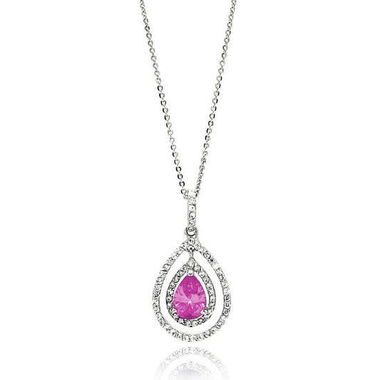 Silver 925 Rhodium Plated Open Pink Teardrop Center CZ Necklace - BGP00665 | Silver Palace Inc.