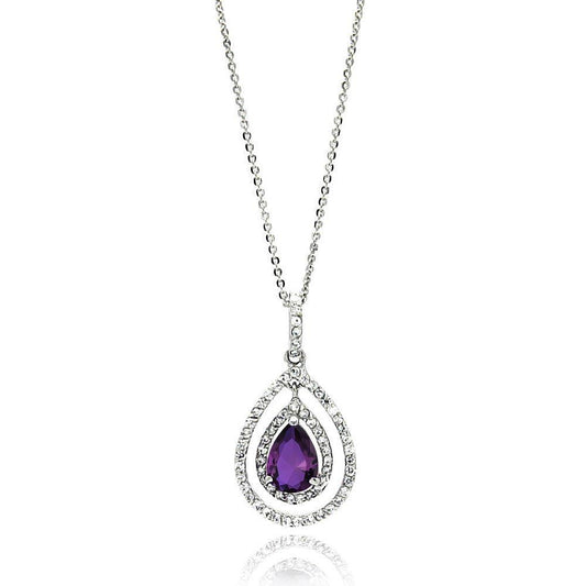 Silver 925 Rhodium Plated Open Purple Teardrop Center CZ Necklace - BGP00667 | Silver Palace Inc.