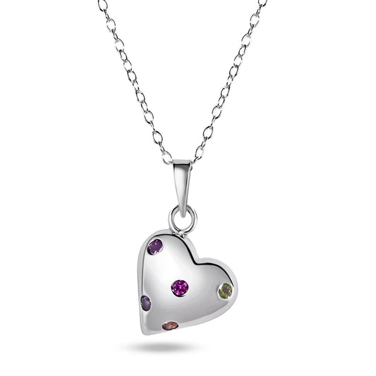 Rhodium Plated 925 Sterling Silver Multi Color CZ Heart Necklace - BGP01482