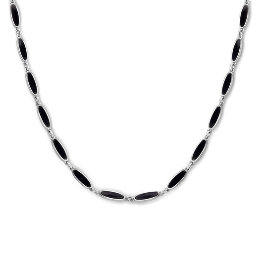 Rhodium Plated 925 Sterling Silver Onyx Cat's Eye Link Necklace - BGP01484