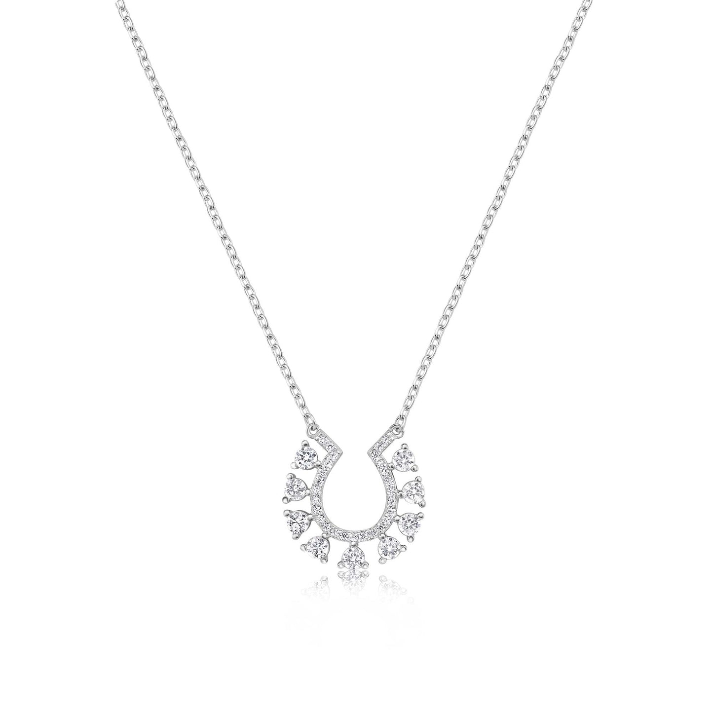 Rhodium Plated 925 Sterling Silver Horseshoe Clear CZ Studded Necklace - BGP01486