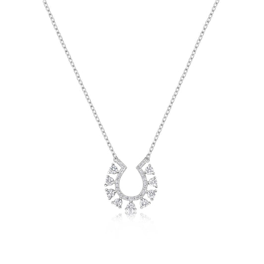 Rhodium Plated 925 Sterling Silver Horseshoe Clear CZ Studded Necklace - BGP01486