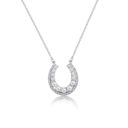 Rhodium Plated 925 Sterling Silver Horseshoe Pearl Clear CZ Necklace - BGP01487