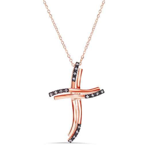 Silver 925 Rose Gold Plated Cross Black Basket Clear CZ Necklace - BGP00691