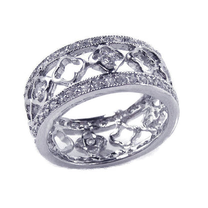 Silver 925 Rhodium Plated Flower 10mm Band Alternating CZ Ring - BGR00112