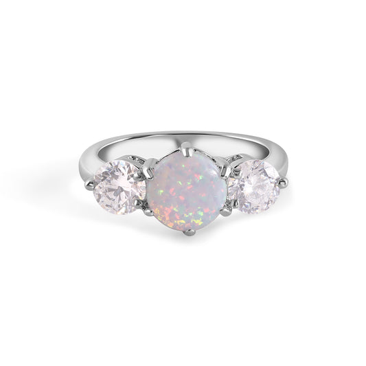 Rhodium Plated 925 Sterling Silver Three Stone Trellis Syntethic Opal and Clear CZ Ring - BGR01012