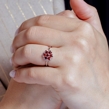 Rhodium Plated 925 Sterling Silver Flower Ring with Red CZ - BGR01152RED