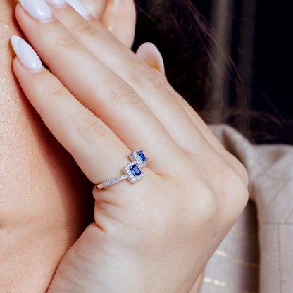 Rhodium Plated 925 Sterling Silver Double Square Blue Center CZ Ring - BGR01254BLU