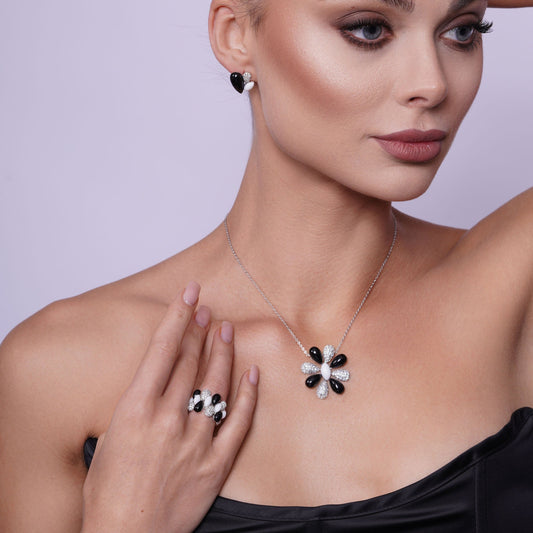 Clearance-Silver 925 Rhodium Plated Black Onyx White Enamel Clear Flower CZ Stud Earring and Necklace Set - BGS00088