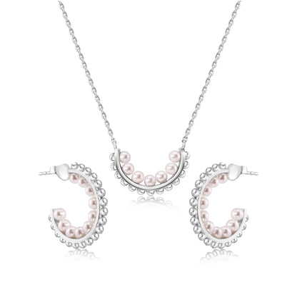 Rhodium Plated 925 Sterling Silver Multi Beaded Pearl Semi Hoop Matching Set  - BGS00625