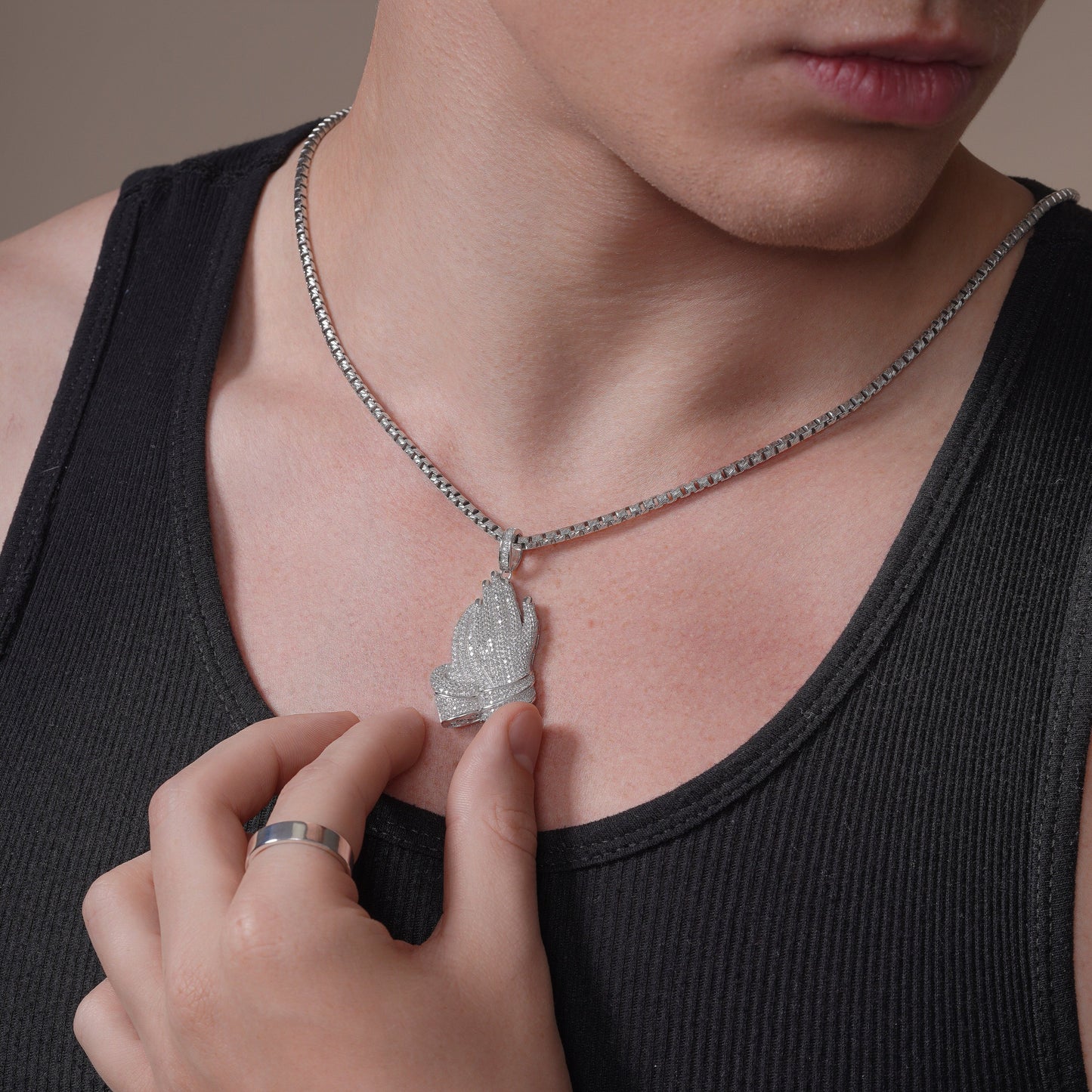 Rhodium Plated 925 Sterling Silver Praying Hands Hip Hop Pendant - SLP00018