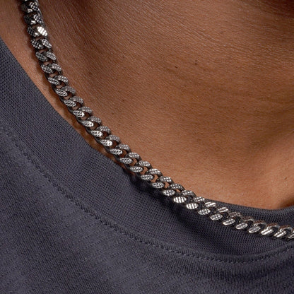 925 Sterling Silver Miami Curb Platinlux Plated One Sided Pyramid Pave 200 7mm Bracelet - CH956 BLK